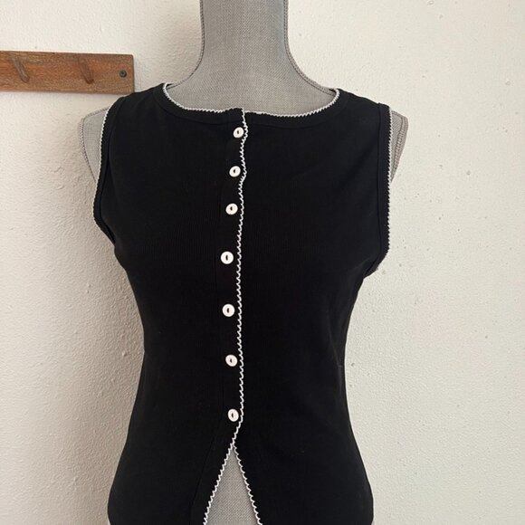 ASOS Black Contrast Trim Sleeveless Button Tank Top - Picture 2 of 5